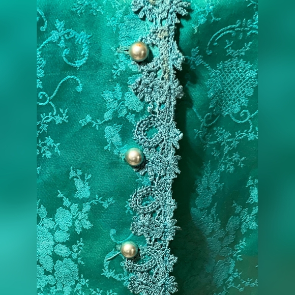 Vintage 80s Brocade Floral Embroidered Skirt Set Suit Pearl Dress Jacket Blazer - Picture 12 of 16